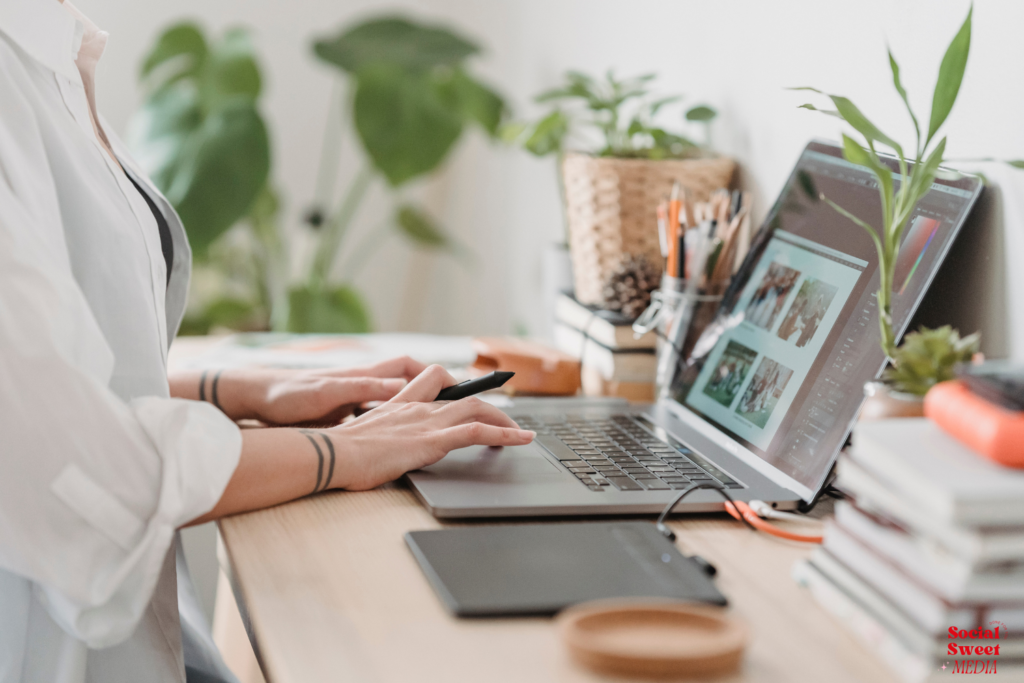 Building connections with social media storytelling: person at their desk working on their laptop on high engaging social media content.